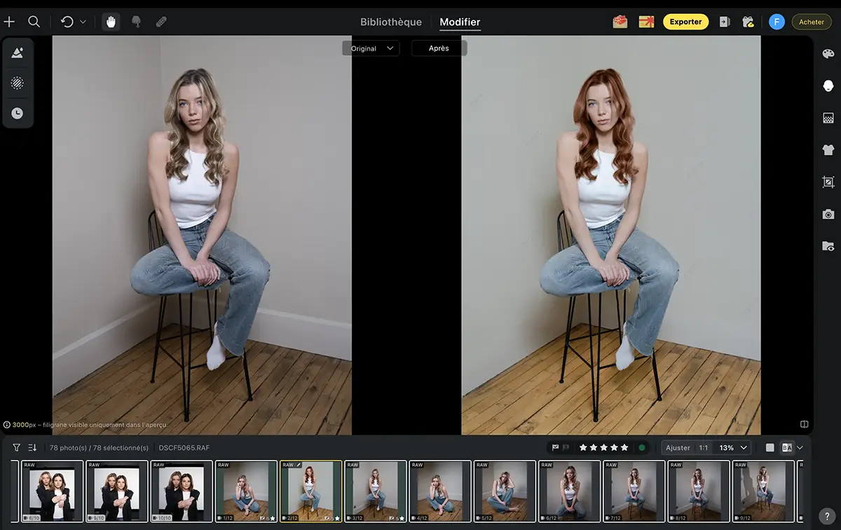 Evoto portrait retouching interface with AI skin tools on studio model