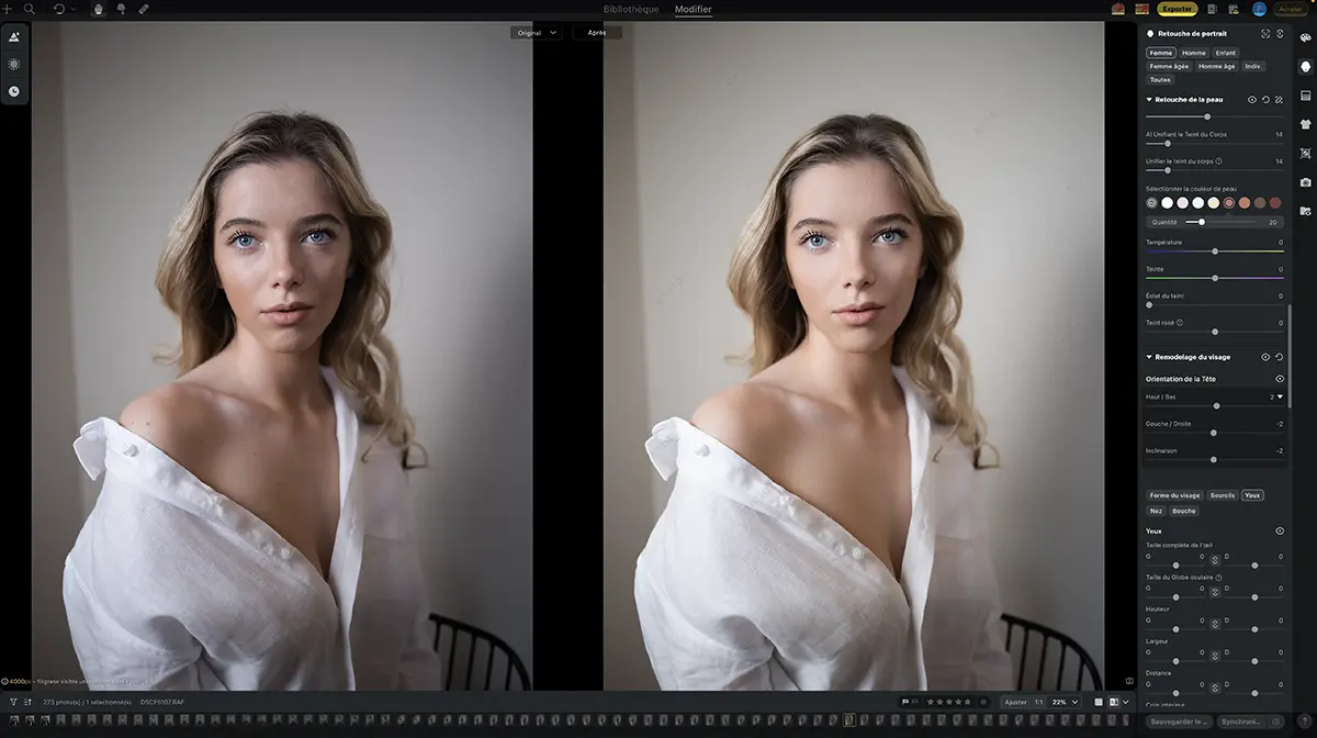 Before and after Evoto skin retouch on maternity portrait